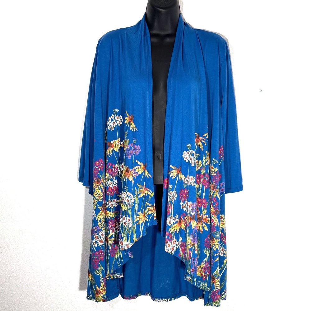A Walk in the Park Blue Floral Open Front Kimono Cardigan Top Large